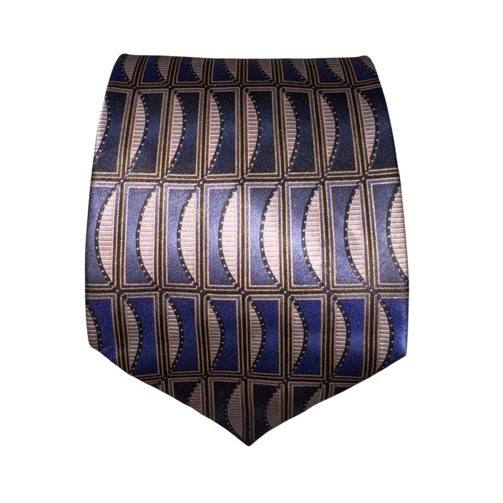 Towncraft Mens Geometric‎ Art Deco Necktie Navy Blue Taupe Bronze Polyester Tie